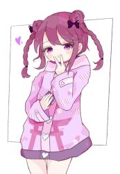 Rule 34 | 1girl, blush, bow, braid, candy print, cellphone, closed mouth, commentary request, cowboy shot, denonbu, double bun, hair bow, hair bun, hand up, heart, highres, holding, holding phone, hood, hoodie, inubousaki shian, long hair, long sleeves, looking at viewer, nyamaml, phone, pout, purple bow, purple eyes, purple hair, purple hoodie, smartphone, solo, standing, twin braids, v, v over mouth, white background