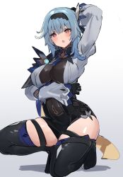 Rule 34 | 1girl, :o, black hairband, black shorts, black thighhighs, blue hair, blush, breasts, commentary request, eula (genshin impact), fake tail, genshin impact, gradient background, grey background, hair between eyes, hair ornament, hairband, high-waist shorts, highres, large breasts, long hair, long sleeves, looking at viewer, shirt, short shorts, shorts, solo, squatting, tail, the olphy, thigh strap, thighhighs, thighs, white background, white shirt