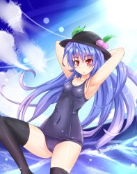 Rule 34 | 1girl, alternate costume, armpits, black thighhighs, blue hair, blush, breasts, cleavage, collarbone, covered navel, female focus, food, fruit, hat, hinanawi tenshi, leaf, long hair, one-piece swimsuit, open mouth, peach, red eyes, school swimsuit, small breasts, solo, sumapan, swimsuit, thighhighs, touhou