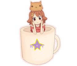 Rule 34 | 1girl, brown hair, cat, cup, happy, hirasawa yui, in container, in cup, k-on!, kuzu kow, looking at viewer, red eyes, simple background, smile, solo, white background