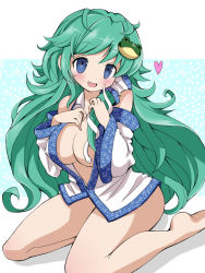 Rule 34 | 1girl, blue eyes, blush, bottomless, breasts, cleavage, detached sleeves, covered erect nipples, female focus, frog hair ornament, givuchoko, green hair, hair ornament, hair tubes, hand on own chest, heart, highres, kochiya sanae, large breasts, long hair, no bra, open clothes, open mouth, open shirt, shadow, shirt, sitting, smile, solo, touhou, wariza