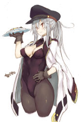 Rule 34 | 1girl, alternate costume, alternate hairstyle, artist name, black pantyhose, breasts, cowboy shot, detached collar, facial scar, gangut (kancolle), gloves, grey hair, hand on own hip, hat, highres, jacket, kantai collection, leotard, long hair, medium breasts, military hat, military jacket, necktie, pantyhose, peaked cap, playboy bunny, ponytail, red eyes, red leotard, ryo (tg290), scar, scar on cheek, scar on face, simple background, solo, tray, white background, white jacket