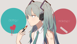Rule 34 | 1girl, :|, aqua eyes, aqua necktie, bare shoulders, circle, closed mouth, collared shirt, cosmetics, english text, gradient hair, grey background, hatsune miku, headphones, heart, holding, holding lipstick, lipstick tube, long hair, looking to the side, multicolored hair, nail polish, necktie, razor blade, shirt, sleeveless, sleeveless shirt, solo, tattoo, tsurime, twintails, upper body, vic (vedream), vocaloid, white shirt