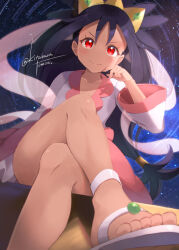 Rule 34 | 1girl, artist name, bare legs, black hair, blue background, closed mouth, collarbone, commentary request, commission, creatures (company), crossed legs, dutch angle, eyelashes, foot out of frame, from below, game freak, hair between eyes, hand up, iris (pokemon), kitahara tomoe (kitahara koubou), knees, legs, long hair, looking at viewer, low-tied long hair, nintendo, no nose, perspective, pink skirt, pixiv commission, pokemon, pokemon bw2, red eyes, sandals, shirt, sitting, skirt, smile, solo, tareme, tiara, toes, v-shaped eyebrows, white footwear, white shirt