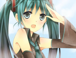 Rule 34 | 1girl, ayumaru (art of life), bad id, bad pixiv id, detached sleeves, face, fang, green eyes, green hair, hatsune miku, matching hair/eyes, necktie, open mouth, salute, solo, twintails, vocaloid