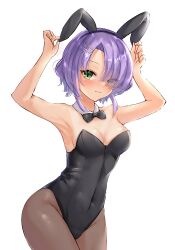 Rule 34 | 1girl, 3:, animal ears, arms up, bare arms, bare shoulders, black bow, black bowtie, blush, bow, bowtie, breasts, brown pantyhose, cafe stella to shinigami no chou, choker, cleavage, cropped legs, embarrassed, eyebrows hidden by hair, eyelashes, green eyes, groin, hair over one eye, hairpin, highres, hiuchidani mei, holding ears, leotard, looking at viewer, medium breasts, multiple hairpins, navel, ncontrail (mgax7527), pantyhose, parted bangs, playboy bunny, purple hair, rabbit ears, short hair with long locks, simple background, solo, standing, tan, tanline, white background, white choker, yuzu-soft