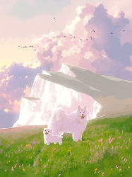 Rule 34 | absurdres, animal, bird, cloud, dog, evening, grass, highres, no humans, oomiya io, open mouth, original, outdoors, pink sky, puppy, scenery, sky, white dog