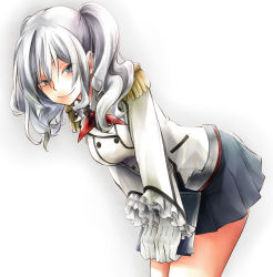 Rule 34 | 10s, 1girl, bent over, book, buttons, epaulettes, gloves, hinoru saikusa, holding, holding book, jacket, kantai collection, kashima (kancolle), kerchief, looking at viewer, painting (medium), pleated skirt, sidelocks, silver hair, simple background, skirt, smile, solo, traditional media, tsurime, twintails, uniform, watercolor (medium), wavy hair