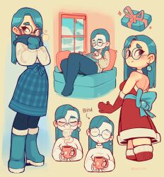 Rule 34 | 1girl, absurdres, black pantyhose, blue-framed eyewear, blue footwear, blue hair, blue scarf, blush, book, boots, box, breasts, closed eyes, closed mouth, dangle earrings, earrings, gaziter, gift, gift box, glasses, highres, holding, holding book, jewelry, knee boots, long hair, looking at viewer, medium breasts, original, pantyhose, reading, red thighhighs, ribbed sweater, round eyewear, santa costume, scarf, sitting, smile, sofia (gaziter), solo, sweater, swept bangs, thighhighs, white sweater