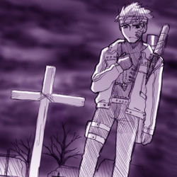 Rule 34 | 00s, 1boy, archer (fate), arm at side, bandaid, bandaid on face, bare tree, belt, closed mouth, cowboy shot, cross, drill, fate/stay night, fate (series), grave, graveyard, hand on own chest, holding, jacket, jewelry, long sleeves, lowres, male focus, monochrome, necklace, non-web source, open clothes, open jacket, outdoors, pocket, purple theme, sky, solo, st parasu, standing, thigh strap, tree, weapon, weapon on back