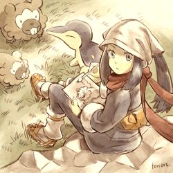 Rule 34 | 1girl, akari (pokemon), backpack, bag, bidoof, black hair, calligraphy brush, closed mouth, creatures (company), cyndaquil, day, drawing, from above, from behind, full body, game freak, gen 2 pokemon, gen 4 pokemon, grey eyes, head scarf, long hair, long sleeves, looking at viewer, looking back, looking up, matsuri (matsuike), nintendo, on rock, outdoors, paintbrush, pokemon, pokemon (creature), pokemon legends: arceus, ponytail, red scarf, rock, scarf, sidelocks, sitting