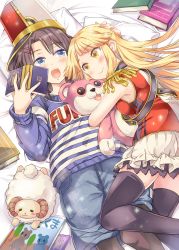 Rule 34 | + +, 2girls, :3, :d, band uniform, bang dream!, bed sheet, black hair, black legwear, blue eyes, blue shirt, blush, book, borrowed clothes, character doll, clothes writing, commentary request, denim, denim skirt, epaulettes, frilled skirt, frills, hair ornament, hairpin, hand on another&#039;s head, hat, holding, holding book, holding stuffed toy, long hair, long sleeves, looking at another, lying, michelle (bang dream!), multiple girls, okusawa misaki, on back, on side, open mouth, pantyhose, pillow, sash, shako cap, shirt, short hair, skirt, smile, sparkle, striped clothes, striped shirt, stuffed animal, stuffed sheep, stuffed toy, sweater, takitarou, teddy bear, thighhighs, tsurumaki kokoro, white skirt, yellow eyes, yuri