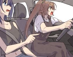 Rule 34 | 2girls, ahoge, black camisole, blue hair, brmameng, brown hair, camisole, car interior, car seat, cellphone, crop top, denim, driving, fang, feather hair ornament, feathers, fingernails, hair intakes, hair ornament, hololive, hololive english, jeans, long hair, multicolored hair, multiple girls, nanashi mumei, ouro kronii, overalls, pants, phone, pointing, ponytail, shirt, short hair, shouting, steering wheel, streaked hair, t-shirt, tank top, very long hair, virtual youtuber, wide-eyed