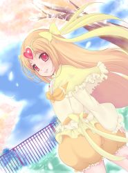 Rule 34 | 10s, 1girl, bad id, bad pixiv id, blonde hair, bow, cure muse, cure muse (yellow), fence, hair bow, heart, katori (mocchidou), long hair, precure, red eyes, shirabe ako, smile, solo, suite precure, tree