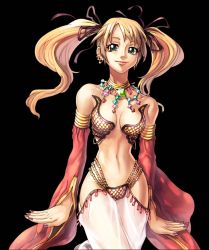 Rule 34 | 1girl, bare shoulders, blonde hair, bow, breasts, cleavage, detached sleeves, earrings, green eyes, gypsy, gypsy (ragnarok online), hair bow, hair ribbon, harem pants, jewelry, long hair, lowres, midriff, myung-jin lee, nail polish, non-web source, official art, pants, purple nails, ragnarok online, ribbon, smile, solo, transparent background, twintails