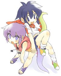 Rule 34 | 2girls, bent over, blue eyes, blue hair, blush, fang, full body, multiple girls, open mouth, original, oyatsu (mk2), purple eyes, purple hair, sandals, short hair, simple background, sitting, sitting on person, smile, tail, toes, white background