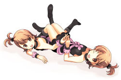 Rule 34 | 2girls, bad id, bad pixiv id, bare shoulders, brown eyes, brown hair, futami ami, futami mami, holding hands, idolmaster, idolmaster (classic), interlocked fingers, leg up, lying, lying on person, multiple girls, on person, one eye closed, onion (lemlaml), open mouth, own hands together, short hair, siblings, side ponytail, sisters, smile, twins, upside-down, wink, wristband