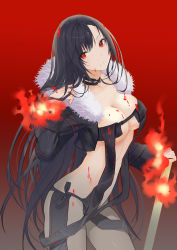 Rule 34 | 1girl, bad id, bad pixiv id, black dress, black hair, breasts, brown background, cleavage, closed mouth, commentary request, dress, fate/grand order, fate (series), fur trim, gradient background, hair between eyes, hand up, lloule, long hair, long sleeves, looking at viewer, medium breasts, red background, red eyes, ribbon-trimmed dress, solo, strapless, strapless dress, very long hair, yu mei-ren (fate)