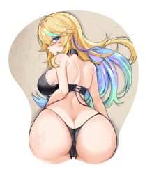 Rule 34 | 1girl, absurdres, arielle (vtuber), ass, ass focus, back, blonde hair, blue eyes, breasts, butt crack, highres, large breasts, long hair, looking at viewer, mousepad, mousepad (medium), multicolored hair, serious, solo, thong, virtual youtuber, wet