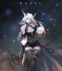 Rule 34 | 1girl, animal ears, arm behind back, artist name, asymmetrical bangs, bare shoulders, black gloves, bow (weapon), bracelet, breasts, bridal gauntlets, cleavage, closed mouth, collarbone, covered navel, detached sleeves, eyelashes, floating hair, garter straps, gloves, grey eyes, hand up, highres, holding, holding weapon, jewelry, large breasts, lips, lipstick, long hair, looking at viewer, makeup, nessi, original, puffy sleeves, short shorts, shorts, skindentation, solo, thighhighs, thighs, weapon, white hair, zettai ryouiki