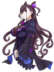 Rule 34 | 1girl, bad id, bad twitter id, breasts, brown hair, cone hair bun, corset, cropped torso, curly hair, fate/grand order, fate (series), hair bun, large breasts, long hair, looking at viewer, michihasu, murasaki shikibu (fate), own hands together, purple eyes, sleeves past wrists, solo, white background