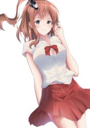 Rule 34 | 10s, 1girl, absurdres, alternate costume, black eyes, blouse, brown hair, casual, cowboy shot, highres, kantai collection, long hair, looking at viewer, pleated skirt, ponytail, red skirt, saratoga (kancolle), shirt, side ponytail, simple background, skirt, smile, solo, standing, taka-chan, white background, white shirt