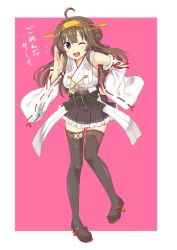 Rule 34 | 10s, 1girl, ahoge, boots, breasts, brown hair, brown skirt, detached sleeves, double bun, hair bun, hairband, hakama, hakama skirt, headgear, japanese clothes, kantai collection, kongou (kancolle), leaning forward, long hair, medium breasts, nontraditional miko, one eye closed, open mouth, pleated skirt, purple eyes, ribbon-trimmed sleeves, ribbon trim, shimouki izui, skirt, solo, standing, thigh boots, thighhighs