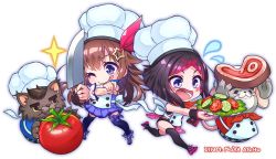 Rule 34 | 1girl, azki (hololive), black hair, brown hair, chef hat, chibi, cooking, food, game, hat, hololive, long hair, meat, noyaariho, one eye closed, open mouth, overcooked, short hair, simple background, tokino sora, tokino sora (1st costume), tomato, transparent background, vegetable, virtual youtuber, white background