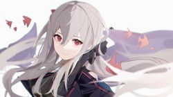 Rule 34 | 1girl, arknights, blurry, blurry foreground, close-up, gloves, hair between eyes, hand in own hair, highres, long hair, long sleeves, looking at viewer, red eyes, signature, silver hair, skadi (arknights), smile, solo, whale, white background, ximubingo