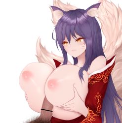 Rule 34 | 1girl, :d, ahri (league of legends), animal ears, bar censor, bare shoulders, between breasts, blush, grabbing another&#039;s breast, breasts, censored, facial mark, fang, fox ears, fox girl, fox tail, grabbing, gunbam sonyeon, half-closed eyes, hetero, highres, korean clothes, large breasts, league of legends, long hair, nipples, open mouth, paizuri, penis, pointless censoring, pubic hair, sex, simple background, smile, tail, whisker markings, white background, yellow eyes