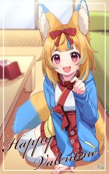 Rule 34 | 1girl, animal ear fluff, animal ears, arm support, bad id, bad pixiv id, blonde hair, blue hair, blue jacket, blurry, blurry background, bow, candy, chocolate, chocolate heart, copyright request, depth of field, drawstring, floral print, food, fox ears, fox tail, hair bow, happy valentine, heart, highres, holding, holding food, hood, hood down, hooded jacket, incoming food, indie virtual youtuber, indoors, jacket, japanese clothes, kimono, long sleeves, looking at viewer, multicolored hair, open clothes, open jacket, pleated skirt, print skirt, red bow, red eyes, red skirt, sakura chiyo (konachi000), short eyebrows, signature, sitting, skirt, sleeves past wrists, solo, sparkle, table, tail, thick eyebrows, thighhighs, two-tone hair, valentine, virtual youtuber, white kimono, white thighhighs, yokozuwari
