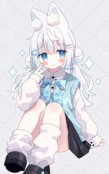 Rule 34 | 1girl, animal ear fluff, animal ears, black footwear, black skirt, blue bow, blue eyes, blush, bow, closed mouth, collared shirt, commentary request, convenient leg, double bun, dress shirt, grey background, grey hair, hair bun, hair ornament, hairclip, hand up, highres, long hair, long sleeves, loose socks, low twintails, nakkar, original, plaid, plaid bow, pleated skirt, puffy long sleeves, puffy sleeves, school uniform, shirt, shoe soles, simple background, sitting, skirt, sleeves past wrists, socks, solo, sparkle, sweater vest, tongue, tongue out, twintails, twitter username, v, very long hair, white shirt, white socks