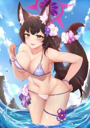 Rule 34 | 1girl, absurdres, animal ear fluff, animal ears, bead bracelet, beads, bikini, bikini pull, black hair, black tail, blue archive, blue sky, bracelet, breadthree, breasts, cleavage, clothes pull, collarbone, commentary request, flower, flower thigh strap, fox ears, fox girl, fox tail, hair flower, hair ornament, halo, halterneck, hand on own hip, highres, jewelry, large breasts, leaning, lens flare, light particles, long hair, looking at viewer, low ponytail, navel, official alternate costume, open mouth, pink flower, pink halo, ponytail, purple flower, sky, solo, stomach, string bikini, swimsuit, tail, thigh strap, very long hair, wading, wakamo (blue archive), wakamo (swimsuit) (blue archive), water, water drop, wet, yellow eyes
