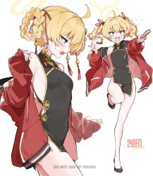 Rule 34 | 1girl, ahoge, alternate costume, artist name, black dress, blonde hair, blue archive, braid, breasts, china dress, chinese clothes, dated, dress, hair ribbon, halo, hand fan, highres, holding, holding fan, jacket, multiple views, open mouth, red jacket, red ribbon, ribbon, simple background, sirin (sirin 8 8), small breasts, standing, standing on one leg, white background, yellow eyes, yellow halo, yoshimi (blue archive)