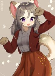 Rule 34 | 1girl, animal ears, artist name, blouse, cat ears, cat tail, cropped jacket, female focus, furry, furry female, grey background, grey hair, grey shirt, high-waist skirt, highres, jacket, long skirt, methynecros, open mouth, original, paw pose, paw print, red jacket, red skirt, shirt, shirt tucked in, skirt, solo, tail