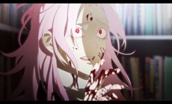 Rule 34 | 1boy, blood, blood in hair, blood on clothes, blood on face, blood on hands, blurry, blurry background, bright pupils, colored eyelashes, commentary request, constricted pupils, duckchuni, hand up, hatsutori hajime, korean commentary, letterboxed, long hair, male focus, open mouth, parted bangs, pink hair, red eyes, saibou shinkyoku, solo, sweater, turtleneck, turtleneck sweater, white pupils, white sweater