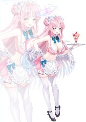 1girl angel_wings bare_shoulders bikini blue_archive blush breasts cleavage commentary_request feathered_wings hair_bun hair_ribbon halo highres holding holding_tray kubong large_breasts long_hair looking_at_viewer low_wings mika_(blue_archive) navel open_mouth pink_bikini pink_hair pink_halo pink_skirt ribbon single_side_bun skirt smile solo solo_focus stomach swimsuit tray white_background white_ribbon white_wings wings yellow_eyes zoom_layer