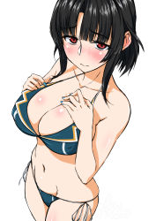 1girl 3: adapted_costume bikini black_hair blue_bikini blue_nails blunt_bangs blush body_blush breast_suppress breasts cleavage closed_mouth collarbone commentary_request covered_erect_nipples cowboy_shot embarrassed from_above from_side groin half-closed_eyes halterneck hands_on_own_chest highres hip_focus kantai_collection koutarou_(plusdrive) large_breasts legs_together looking_at_viewer looking_to_the_side nail_polish navel parted_bangs raised_eyebrows red_eyes short_hair_with_long_locks side-tie_bikini_bottom sidelocks simple_background skindentation solo standing string_bikini swimsuit takao_(kancolle) wavy_mouth white_background wing_collar