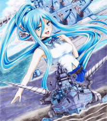 Rule 34 | 1girl, :d, aoki hagane no arpeggio, blue eyes, blue hair, blue skirt, breasts, cannon, commentary request, cruiser, drill, hair rings, iroha (nullpo), long hair, looking at viewer, marker (medium), medium breasts, military, military vehicle, navel, open mouth, ponytail, ship, shirt, skirt, sleeveless, sleeveless shirt, smile, solo, takao (aoki hagane no arpeggio), takao (cruiser), traditional media, turret, upper body, very long hair, warship, watercolor pencil (medium), watercraft, white shirt