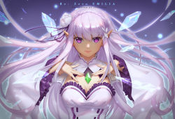 Rule 34 | 10s, 1girl, artist name, braid, breasts, character name, cleavage, closed mouth, copyright name, crown braid, crystal, elf, emilia (re:zero), eyebrows, fingernails, floating hair, flower, frilled sleeves, frills, hair flower, hair ornament, hair ribbon, hands on own chest, ice, light particles, long fingernails, long hair, long sleeves, looking at viewer, lucidsky, medium breasts, pink lips, pointy ears, purple eyes, purple ribbon, re:zero kara hajimeru isekai seikatsu, ribbon, shade, sharp fingernails, silver hair, solo, upper body, white flower, wide sleeves