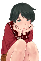 Rule 34 | 10s, 1girl, :d, black hair, blush, head rest, hands on own cheeks, hands on own face, head rest, highres, kantai collection, knees, long sleeves, mogami (kancolle), open mouth, school uniform, serafuku, short hair, simple background, sitting, smile, solo, wa (genryusui), white background
