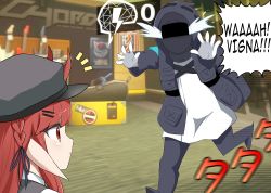 Rule 34 | 1girl, 1other, alph (sancheck), arknights, black jacket, braid, cabbie hat, closed mouth, crying, doctor (arknights), english text, gameplay mechanics, hat, helmet, highres, horns, horns through headwear, jacket, motion lines, notice lines, pointy ears, red eyes, red hair, running, speech bubble, vigna (arknights)