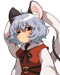 Rule 34 | 1girl, ahoge, animal ear fluff, animal ears, closed mouth, coin, commentary request, cosplay, grey hair, highres, looking at viewer, mouse ears, mouse girl, mouse tail, nazrin, red eyes, shawl, short hair, simple background, solo, tail, take no ko (4919400), toramaru shou, toramaru shou (cosplay), touhou, upper body, white background