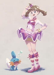 Rule 34 | 1girl, :d, absurdres, anklet, aqua eyes, arm up, bracelet, brown hair, bubble, commentary request, creatures (company), earrings, eyelashes, full body, game freak, gen 3 pokemon, hand on own hip, high heels, highres, jewelry, keeno-ringo46, knees, may (pokemon), mudkip, navel, nintendo, open mouth, pokemon, pokemon (creature), pokemon oras, purple footwear, shirt, short sleeves, shorts, shorts under skirt, skirt, smile, standing, teeth, tongue, upper teeth only, white shirt, yellow shorts