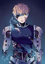 Rule 34 | 1boy, artist name, black sclera, blonde hair, broken, colored sclera, cyborg, earrings, electricity, genos, gradient background, jewelry, male focus, one-punch man, open mouth, round teeth, signature, solo, suikka, teeth, torn clothes, upper body, yellow eyes