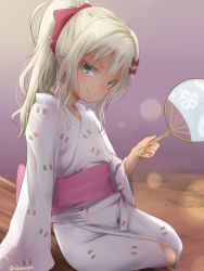 Rule 34 | 1girl, akino shuu, alternate hairstyle, aqua eyes, blonde hair, bow, closed mouth, commentary request, flag print, grecale (kancolle), hair between eyes, hair bow, hand fan, holding, holding fan, italian flag, japanese clothes, kantai collection, kimono, long hair, long sleeves, obi, paper fan, pink bow, ponytail, sash, sitting, smile, solo, twitter username, uchiwa, white kimono, wide sleeves, yukata