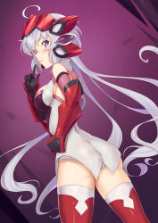 Rule 34 | 1girl, ahoge, arm guards, ass, bare shoulders, black gloves, blush, breasts, elbow gloves, eyes visible through hair, finger to mouth, from behind, gloves, green hair, hair between eyes, hand on own hip, headgear, highres, index finger raised, ldfe mk2, legs apart, lipstick, long hair, looking at viewer, looking back, low twintails, makeup, medium breasts, panties, pantyshot, parted lips, pink lips, purple background, purple eyes, red thighhighs, senki zesshou symphogear, shushing, sideboob, solo, standing, thighhighs, twintails, underwear, vambraces, very long hair, white panties, yukine chris
