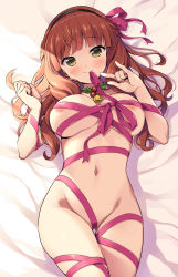 Rule 34 | 1girl, absurdres, bed, bell, blunt bangs, blush, braid, breasts, collar, cowboy shot, curly hair, de ruyter (kancolle), green eyes, highres, kantai collection, large breasts, long hair, lying, mouth hold, naked ribbon, navel, neck bell, nude, odawara hakone, on back, red hair, ribbon, ribbon in mouth, shiny skin, side braid, solo, stomach