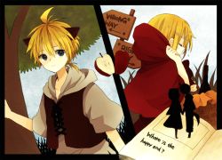 Rule 34 | 1boy, 1girl, adjusting hood, animal ears, antenna hair, anzu (o6v6o), apple, basket, black border, blonde hair, book, border, brother and sister, capelet, commentary request, crying, english text, food, frown, fruit, grey hoodie, hetero, holding hands, hood, hooded capelet, hoodie, incest, kagamine len, kagamine rin, multiple views, ookami wa akazukin ni koi wo shita (vocaloid), open book, red capelet, road sign, short ponytail, short sleeves, siblings, sign, silhouette, sweatdrop, tree, twins, vest, vocaloid, wolf ears