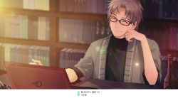 Rule 34 | 1boy, black-framed eyewear, black sweater, blurry, blurry background, bookshelf, bottle, cardigan, character name, closed eyes, closed mouth, computer, facing viewer, glasses, grey cardigan, hair intakes, laptop, lens flare, male focus, meitantei conan, monicanc, okiya subaru, open cardigan, open clothes, silver hair, sleeves rolled up, smile, solo, sweater